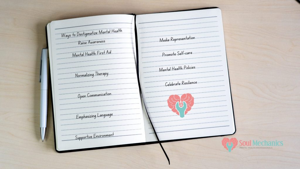 Ways to Destigmatizing Mental HealthRaise AwarenessMental Health First Aid Normalizing Therapy Open Communication Emphasizing Language Supportive Environment Media RepresentationPromote Self-careMental Health PoliciesCelebrate Resilience