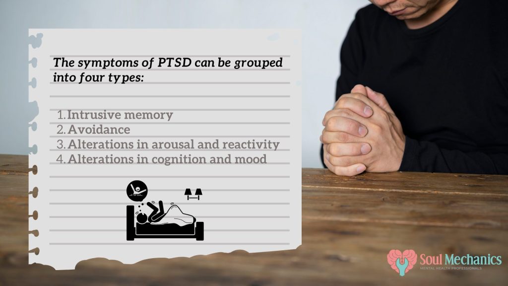 Symptoms of PTSD:1. Intrusive Memory2. Avoidance3. Alterations in arousal and reactivity4. Alterations in cognition and mood