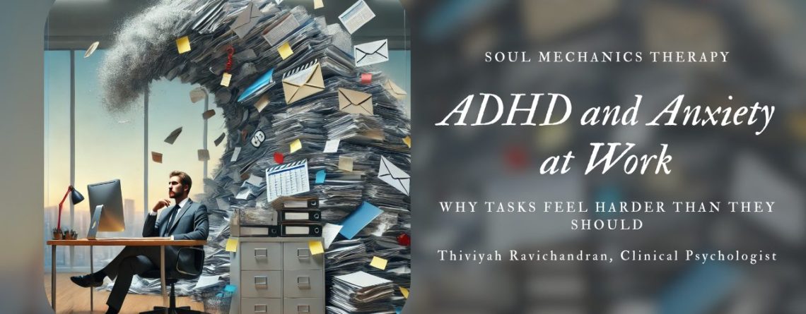 Adult experiencing ADHD and anxiety at work while struggling with focus, stress, and task overwhelm in an office environment