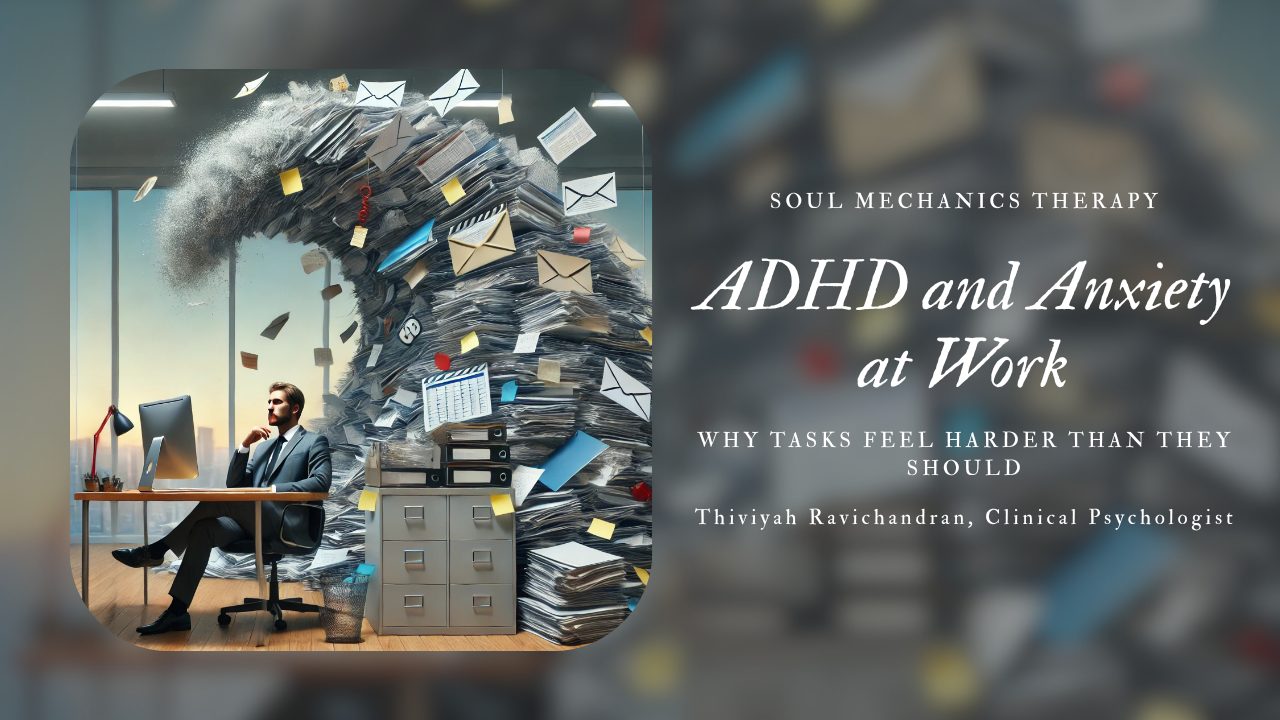 Adult experiencing ADHD and anxiety at work while struggling with focus, stress, and task overwhelm in an office environment