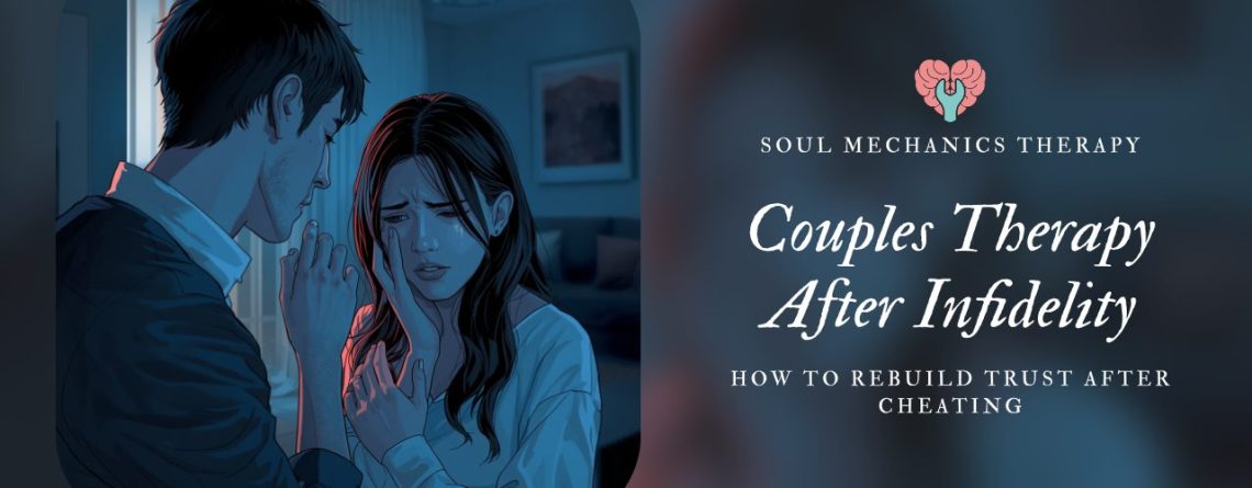 Couple sitting apart in therapy session after infidelity discussing trust rebuilding with therapist