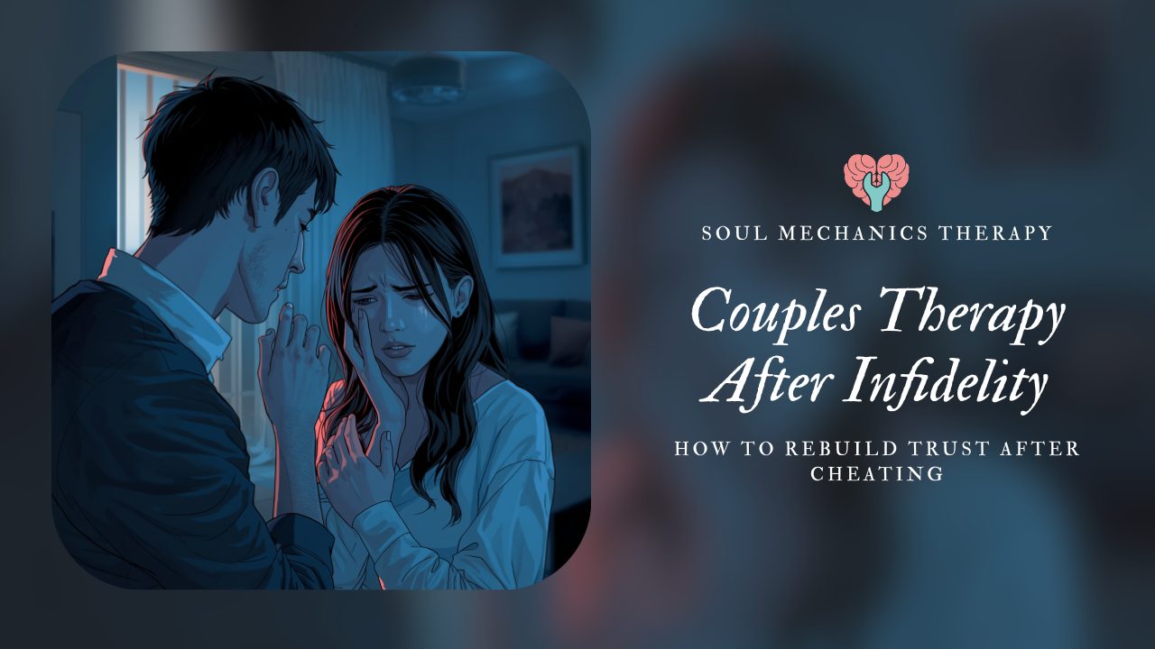 Couple sitting apart in therapy session after infidelity discussing trust rebuilding with therapist