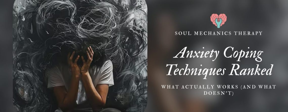 person feeling anxious using coping techniques like grounding and breathing to calm down