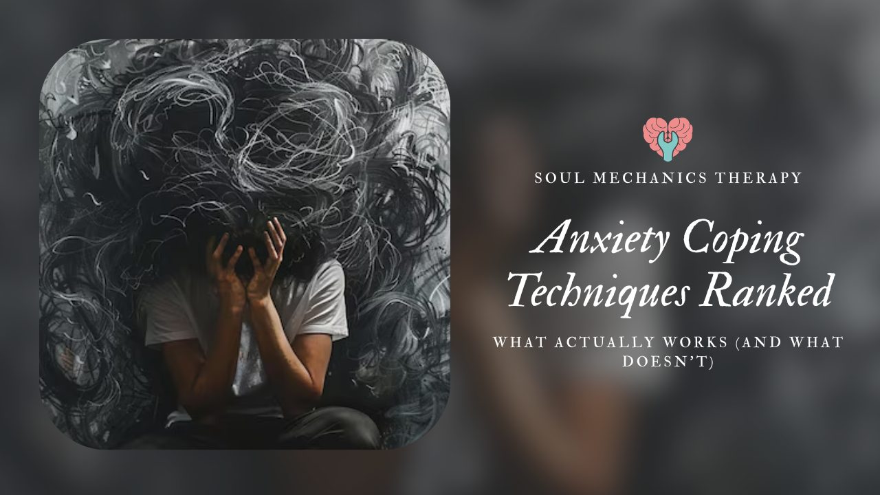 person feeling anxious using coping techniques like grounding and breathing to calm down